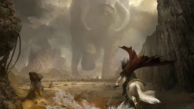 Fantasy Battle Warrior Horseback Fantasy Wallpaper 4K 1920x1080 A, Fantasy, Battle, Scene, Featuring, Warrior, On, Horseback, Facing, Colossal, Mythical, Creature, Gray, Ultrawide, Full HD