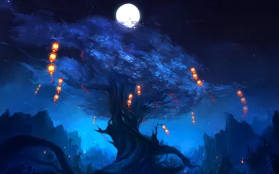 Sleek Mystical Wallpaper Nature Wallpaper 4K 2560x1600 A, Mystical, Landscape, Features, Glowing, Large, Tree, Under, Full, Moon, Surrounded, Dark, White, Yellow, Brown, Ultrawide, QHD