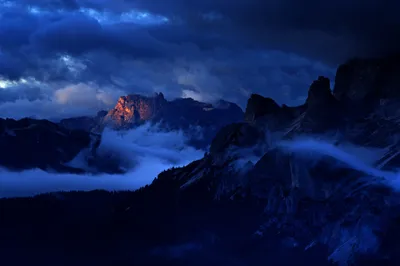 Nighttime Foggy Dolomites Italy Blue Nature Wallpaper 4K 2048x1365 Nighttime, View, Of, The, Foggy, Dolomites, In, Italy, Blue, Hues, Glowing, Mountain, Red, Brown, Ultrawide, Full HD