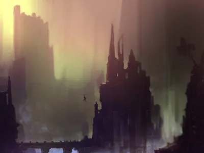 Fog Shrouded Sci City World Wallpaper 4K 1600x1200 Fog-shrouded, Sci-fi, City, With, Jagged, Spires, Under, Green-gold, Light, Desktop, Gray, Landscape