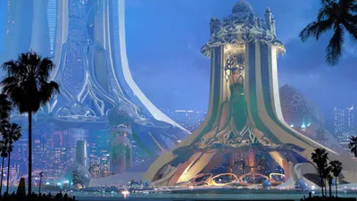 Futuristic Sci Cityscape Towering World Wallpaper 4K 2120x1193 Futuristic, Sci-fi, Cityscape, With, Towering, Ornate, Buildings, Glowing, Under, Blue, Sky, Designed, Green, Pink, Ultrawide, Full HD