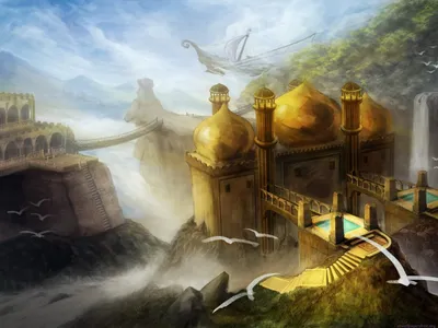 Golden Domed Fantasy City World Wallpaper 4K 1600x1200 Hd, Pc, Desktop, Wallpaper, Of, A, Golden-domed, Fantasy, City, Perched, Cliffs, Stone, White, Landscape