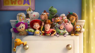 Toy Story Characters Peeking Abstract Wallpaper 4K 3840x2160 Toy, Story, 5, Image, Characters, Peeking, Over, Dresser, Colorful, Group, Shot, Ultra, White, Ultrawide, 4k