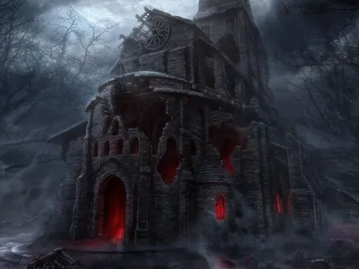 Bright Dark Wallpaper Nature Wallpaper 4K 1600x1200 A, Dark, Ominous, Building, Stands, Amidst, Foggy, Landscape, Glowing, Red, Windows, Foreboding, Gray, White