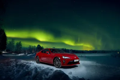 Radiant Red Wallpaper Nature Wallpaper 4K 3600x2402 A, Red, Toyota, 86, Is, Parked, On, Snowy, Road, Under, Vibrant, Aurora, Gray, Pink, Landscape, QHD