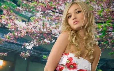 Bright Woman Wallpaper Abstract Wallpaper 4K 1920x1200 A, Beautiful, Woman, With, Blonde, Hair, Poses, Against, Backdrop, Blooming, Pink, Cherry, White, Gray, Ultrawide, Full HD