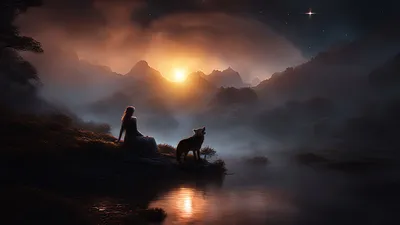 Depicting Woman Wolf Nature Wallpaper 4K 1920x1080 Hd, Desktop, Wallpaper, Depicting, A, Woman, And, Wolf, Lakeside, Sunset, Surrounded, Misty, Brown, Ultrawide, Full HD