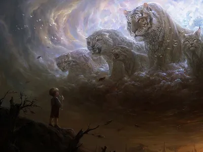 Crisp Child Wallpaper Animals Wallpaper 4K 2560x1920 A, Child, Stands, In, Awe, Beneath, Fantastical, Sky, Tiger-like, Creatures, Formed, Clouds, White, Gray, Landscape, QHD