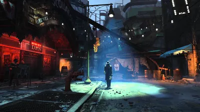 Dark Atmospheric Night Nick Black/Dark Wallpaper 4K 1920x1080 A, Dark, Atmospheric, Night, Scene, Featuring, Nick, Valentine, Fallout, Stands, Under, Streetlight, Brown, White, Gray, Ultrawide, Full HD