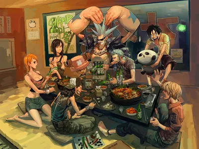 Vibrant Characters Wallpaper Abstract Wallpaper 4K 1600x1200 Hd, Desktop, Wallpaper, Featuring, Characters, From, The, Anime, One, Piece, Enjoying, Meal, Orange, Pink, Brown, Landscape