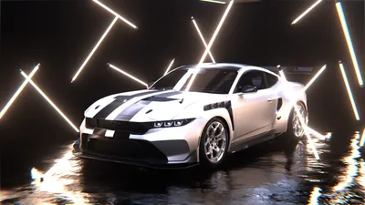Vivid Render Wallpaper Cars Wallpaper 4K 3840x2160 3d, Render, Of, A, White, Ford, Mustang, Sports, Car, Under, Neon, Studio, Black, Ultrawide, 4k