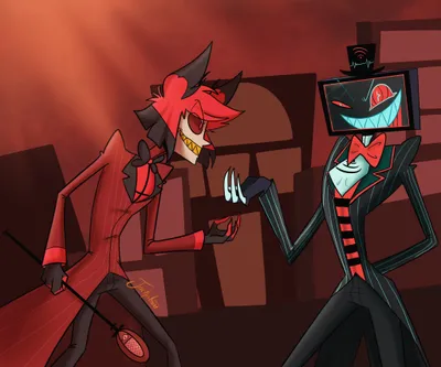 Vox Alastor Show Hazbin Hotel World Wallpaper 4K 2048x1707 Hd, Pc, Desktop, Wallpaper, Featuring, Vox, And, Alastor, Show, Hazbin, Hotel, Grinning, Orange, Brown, Square, Full HD