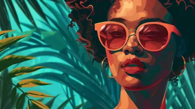 Golden Illustrated Wallpaper Abstract Wallpaper 4K 2912x1632 Illustrated, Woman, With, Vibrant, Red, Sunglasses, Curly, Hair, Hoop, Earrings, Exudes, Summer, Pink, Yellow, Orange, Ultrawide, QHD