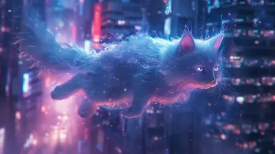 Magical Neon Cat Floats Vibrant Animals Wallpaper 4K 2912x1632 A, Magical, Neon, Cat, Floats, Through, Vibrant, Futuristic, Cityscape, Soft, Glowing, Fur, Brown, Ultrawide, QHD