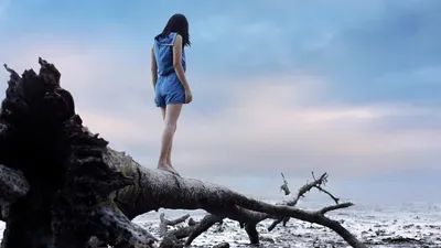 Misty Woman Wallpaper Nature Wallpaper 4K 1920x1080 A, Beautiful, Woman, In, Blue, Dress, Stands, Barefoot, Large, Fallen, Tree, Shoreline, Gray, Pink, Ultrawide, Full HD