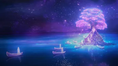 Serene Fantasy Landscape Luminous Purple Nature Wallpaper 4K 1920x1080 A, Serene, Fantasy, Landscape, Featuring, Luminous, Purple, Tree, Tranquil, Island, Small, Boats, Brown, Ultrawide, Full HD