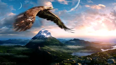 Depicting Fantasy Landscape Eagle Flying Nature Wallpaper 4K 1920x1080 Hd, Wallpaper, Depicting, A, Fantasy, Landscape, With, An, Eagle, Flying, Over, Mountainous, White, Ultrawide, Full HD
