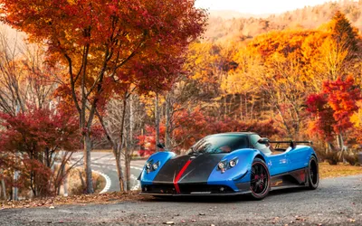 Vibrant Blue Wallpaper Nature Wallpaper 4K 4096x2560 A, Blue, Pagani, Zonda, Supercar, Parked, On, Winding, Road, Surrounded, Vibrant, Autumn, White, Gray, Ultrawide, 4k
