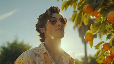 Man Wearing Sunglasses Floral Shirt Nature Wallpaper 4K 2912x1632 A, Man, Wearing, Sunglasses, And, Floral, Shirt, Enjoys, Sunny, Summer, Day, Orange, Gray, Ultrawide, QHD