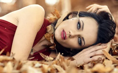 Crisp Brunette Wallpaper Nature Wallpaper 4K 1920x1200 A, Stunning, Brunette, Model, In, Red, Dress, Lies, Amidst, Autumn, Leaves, Creating, White, Ultrawide, Full HD