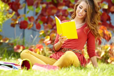 Woman Relaxes Vibrant Nature Wallpaper 4K 5616x3744 A, Beautiful, Woman, Relaxes, In, Vibrant, Autumn, Setting, Reading, Yellow, Book, Ultra, Pink, Red, Landscape, 4k
