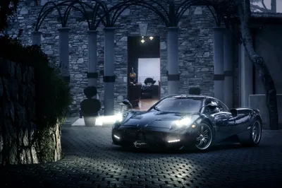 Misty Sleek Wallpaper Black/Dark Wallpaper 4K 3600x2395 A, Sleek, Black, Pagani, Huayra, Supercar, Parked, At, Night, Front, Stone, Archway, White, Gray, Ultrawide, QHD
