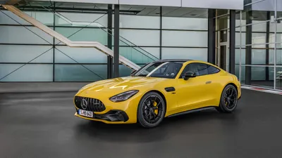 Yellow Amg Showcases Its Sleek Abstract Wallpaper 4K 5120x2880 A, Striking, Yellow, Mercedes-amg, Gt, 43, Showcases, Its, Sleek, Design, Against, Modern, Gray, Ultrawide, 4k