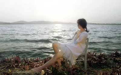 Barefoot Woman White Nature Wallpaper 4K 1920x1200 A, Barefoot, Woman, In, White, Dress, Sits, Sea, Her, Legs, Stretched, Toward, Ultrawide, Full HD
