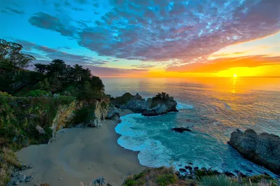 Sleek Breathtaking Wallpaper Nature Wallpaper 4K 2048x1367 A, Breathtaking, View, Of, Mcway, Falls, In, Big, Sur, California, Sunset, Serene, Yellow, Pink, Landscape, Full HD