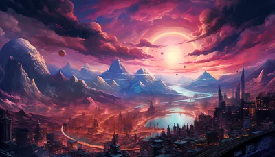 Captivating Anime Illustration Futuristic Nature Wallpaper 4K 2912x1664 A, Captivating, Anime-style, Illustration, Of, Futuristic, City, Against, Majestic, Mountain, Range, Under, Gray, Pink, White, Ultrawide, QHD