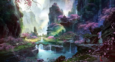 Epic Fantasy Wallpaper Nature Wallpaper 4K 2560x1381 Hd, Desktop, Wallpaper, Of, A, Fantasy, Oriental, Village, Landscape, Waterfall, Cherry, Blossom, White, Ultrawide, QHD