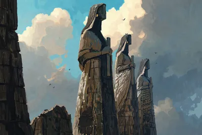 Misty Fantasy Wallpaper Nature Wallpaper 4K 2016x1344 Hd, Desktop, Wallpaper, Of, A, Fantasy, Oil, Painting, Depicting, Towering, Statues, Among, Gray, White, Landscape, Full HD