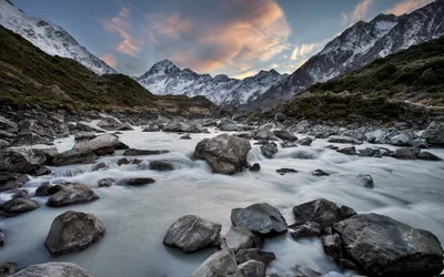 Scenic Hooker River Nature Wallpaper 4K 1920x1200 Scenic, View, Of, Hooker, River, Flowing, Over, Stones, Snow-capped, Mountains, Mount, Cook, Gray, Ultrawide, Full HD