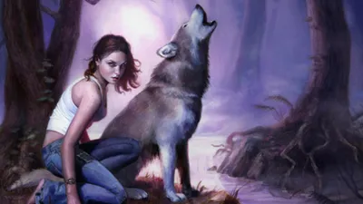 Fantasy Themed Woman Animals Wallpaper 4K 1920x1080 A, Fantasy-themed, Hd, Wallpaper, Featuring, Woman, Crouched, Beside, Howling, Wolf, Mystical, Forest, Gray, White, Ultrawide, Full HD