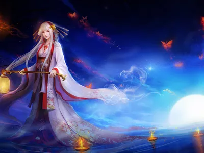 Serene Fantasy Figure Fantasy Wallpaper 4K 1600x1200 A, Serene, Fantasy, Scene, Features, Figure, In, Flowing, Kimono, Holding, Lantern, Set, Pink, Yellow, Landscape