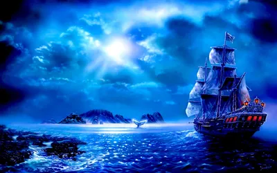 Serene Fantasy Wallpaper Nature Wallpaper 4K 1920x1200 A, Fantasy, Hd, Wallpaper, Of, Pirate, Ship, Sailing, Moonlit, Ocean, Under, Cloudy, White, Red, Ultrawide, Full HD