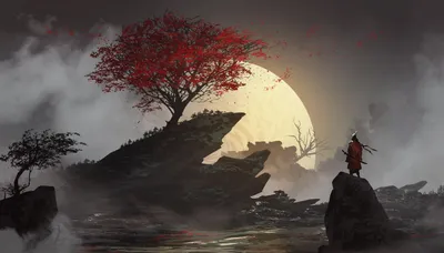 Samurai Fantasy Warrior Standing Space Wallpaper 4K 3239x1851 Hd, Desktop, Wallpaper, Featuring, A, Samurai, Fantasy, Warrior, Standing, Rocky, Outcrop, Beneath, Gray, White, Ultrawide, QHD