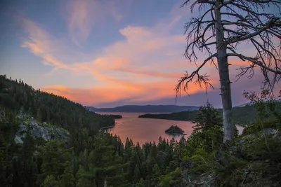 Misty Sunset Wallpaper Nature Wallpaper 4K 1920x1280 Sunset, Over, Emerald, Bay, At, Lake, Tahoe, Framed, Forested, Mountains, Calm, Water, Gray, Landscape, Full HD