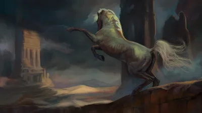 Majestic Fantasy Horse Rears Animals Wallpaper 4K 2094x1178 A, Majestic, Fantasy, Horse, Rears, On, Ancient, Ruins, Under, Dark, Stormy, Sky, Gray, Ultrawide, Full HD