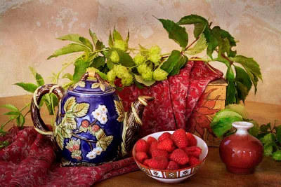 Still Life Ornate Blue Abstract Wallpaper 4K 1800x1200 Hd, Desktop, Wallpaper, Still, Life, Ornate, Blue, Teapot, Bowl, Ripe, Raspberries, Gray, Landscape