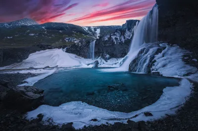Gafoss Waterfall Iceland Sunset Surrounded Nature Wallpaper 4K 2000x1334 Skógafoss, Waterfall, In, Iceland, At, Sunset, Surrounded, By, Gafoss, Icy, River, Snow-covered, Gray, Landscape, Full HD