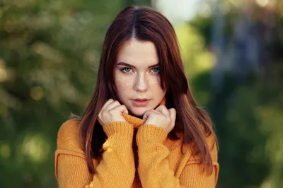 Serene Redhead Wallpaper Abstract Wallpaper 4K 2048x1365 Redhead, Woman, Model, With, Blue, Eyes, And, Freckles, Gazes, Forward, Mustard, Sweater, Orange, Purple, Ultrawide, Full HD
