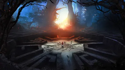 Fantasy Forest Glowing Maze Its Animals Wallpaper 4K 2560x1440 A, Fantasy, Forest, Scene, With, Glowing, Maze, Center, Shadowy, Wolf, Small, Figure, White, Brown, Ultrawide, QHD