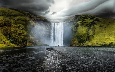 Gafoss Waterfall Iceland Framed Lush Nature Wallpaper 4K 1920x1200 A, Stunning, View, Of, Skógafoss, Waterfall, In, Iceland, Gafoss, Framed, Lush, Green, White, Gray, Ultrawide, Full HD