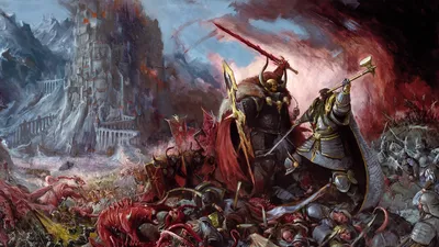 Dramatic Warhammer Fantasy Battle Fantasy Wallpaper 4K 1920x1080 A, Dramatic, Warhammer, Fantasy, Battle, Scene, Featuring, Armored, Warriors, Clashing, Amidst, Chaos, Gray, Ultrawide, Full HD
