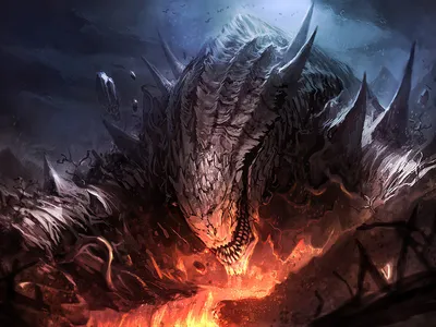 Dramatic Fantasy Creature Emerges Fantasy Wallpaper 4K 1920x1440 A, Dramatic, Fantasy, Creature, Emerges, From, Fiery, Depths, Imposing, Figure, Intricate, Scales, Brown, Gray, White, Landscape, Full HD