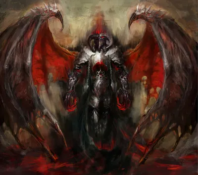 Dark Angel Red Black/Dark Wallpaper 4K 1600x1416 A, Dark, Angel, With, Red, Wings, Armored, Body, Prominent, Horns, Stands, Fiery, Gray, Square
