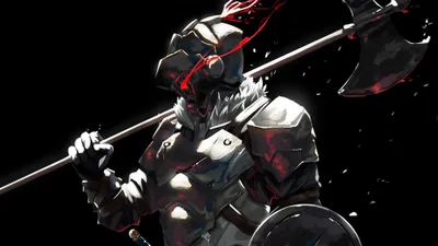 Radiant Anime Wallpaper Abstract Wallpaper 4K 3840x2160 Anime, Character, Goblin, Slayer, In, Armor, And, Helmet, Holding, Bloodied, Axe, Desktop, White, Gray, Ultrawide, 4k