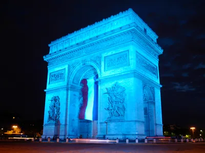 Arc Triomphe Paris Illuminated Blue Black/Dark Wallpaper 4K 2362x1772 The, Arc, De, Triomphe, In, Paris, Illuminated, Blue, Night, Featuring, French, Flag, Yellow, Pink, Landscape, Full HD