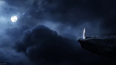 Radiant Haunting Wallpaper Space Wallpaper 4K 1920x1080 A, Haunting, Painting, Of, Figure, In, White, Standing, Cliff, Under, Full, Moon, Brown, Gray, Ultrawide, Full HD